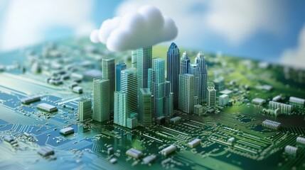Poster - computer circuit board and chips as a city illustrating cloud computing. generative ai.