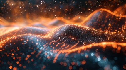 Fototapete - Flowing particle wave, abstract tech design, hi-tech big data background for business cards, banners, and brochures