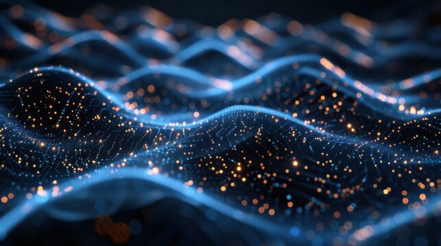 Flowing particle wave, abstract tech design, hi-tech big data background for business cards, banners, and brochures