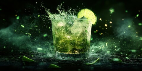 Wall Mural - Refreshing lime drink splashes in a glass against a dark background with green highlights and dynamic movement