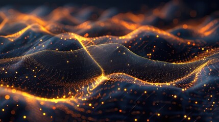 Fototapete - Flowing particle wave, abstract tech design, hi-tech big data background for business cards, banners, and brochures