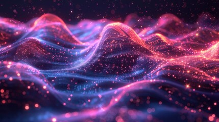 Fototapete - Flowing particle wave, abstract tech design, hi-tech big data background for business cards, banners, and brochures