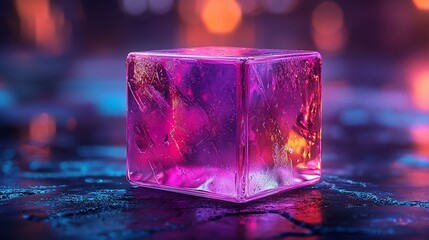 Poster - Purple crystal cube on dark surface, vibrant bokeh background; abstract art, design element
