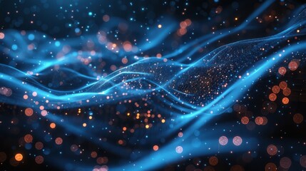 Fototapete - Flowing particle wave, abstract tech design, hi-tech big data background for business cards, banners, and brochures