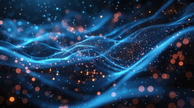 Flowing particle wave, abstract tech design, hi-tech big data background for business cards, banners, and brochures