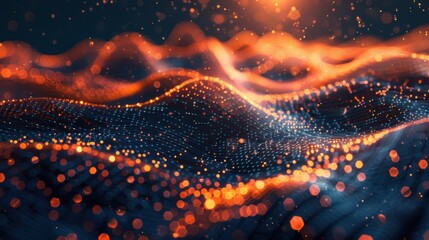 Fototapete - Flowing particle wave, abstract tech design, hi-tech big data background for business cards, banners, and brochures