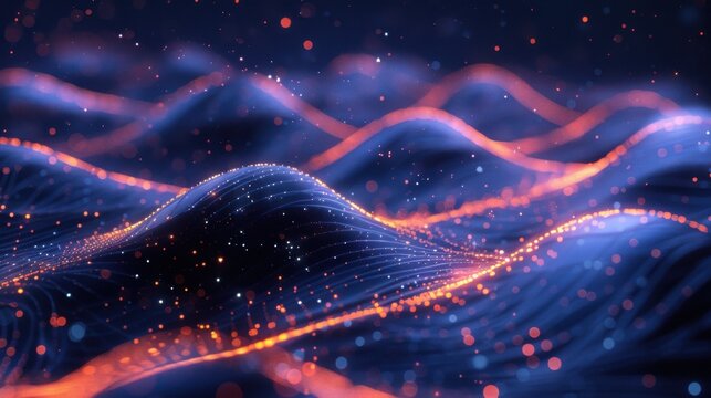 Flowing particle wave, abstract tech design, hi-tech big data background for business cards, banners, and brochures