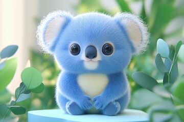 A cute, fluffy blue koala character sitting on a pedestal surrounded by green foliage. The koala has large, expressive eyes and a friendly smile, creating a whimsical and adorable appearance.