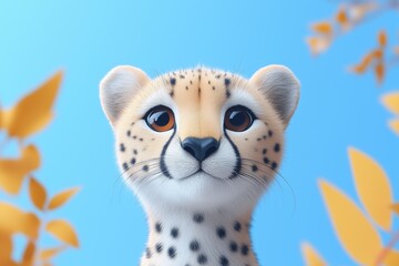 Wall Mural - A cute animated cheetah character with large expressive eyes, surrounded by a blue sky and autumn leaves. The cheetah has a friendly expression and soft fur with spots.