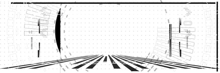 Poster - Abstract black and white geometric design with lines converging in a dynamic perspective view.