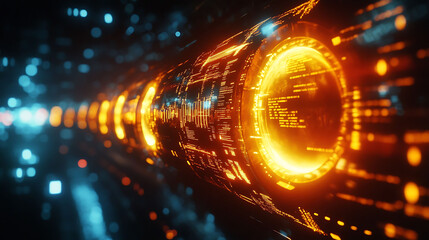 Poster - Stunning futuristic data stream visualization. Glowing orange and teal hues illuminate a cylindrical tunnel of digital code, perfect for tech, AI, and network concepts.