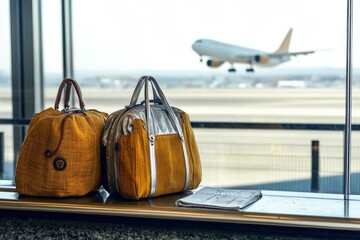 Stylish travel bags on a counter with an airplane taking off in the background