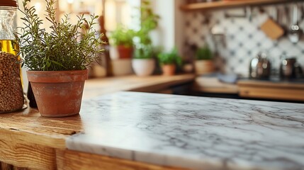 Wall Mural - Rustic kitchen counter, herbs, marble, cooking, home