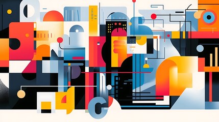 Poster - Abstract geometric composition with vibrant colors and interconnected shapes.
