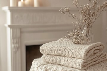 Poster - Cozy setting with folded blankets and dried flowers on a table by a fireplace during a calm afternoon. Generative AI