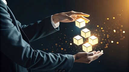 blockchain technology concept: a businessman's hands gently cradle glowing, interconnected cubes, sy