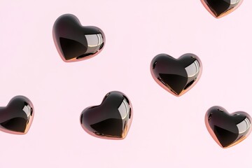 Poster - Beautiful black and gold heart shapes floating against a soft pink background