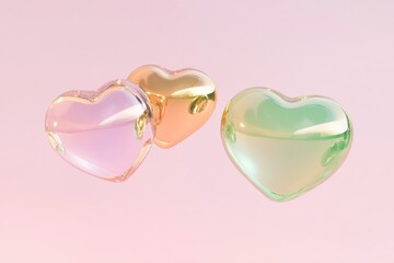 Poster - Heart shapes in green and gold colors floating against a soft background