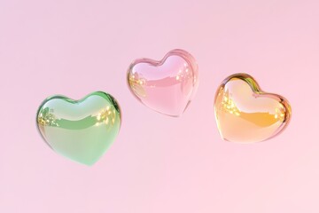 Poster - Green and gold heart shapes float gracefully against a pink backdrop