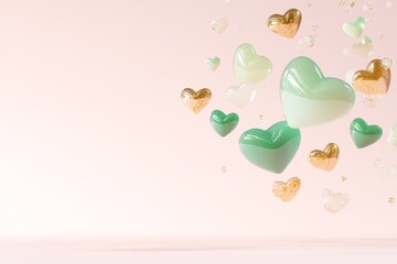 Poster - Floating green and gold heart shapes on a soft pink background