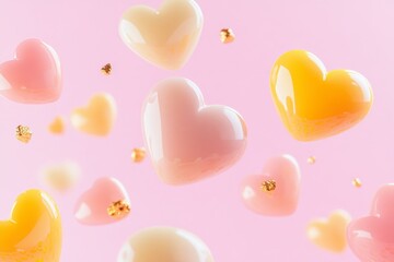 Poster - Floating hearts in yellow, pink, and gold colors on a soft pink background