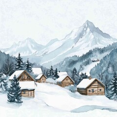 Leinwandbilder - Winter landscape with wooden cabins surrounded by snow covered mountains and evergreen trees in a serene setting. Generative AI