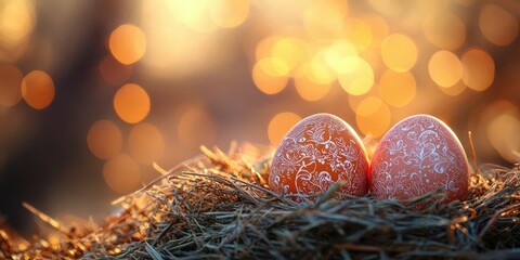 Wall Mural - Beautifully decorated Easter eggs resting in a nest surrounded by soft golden light during springtime celebration