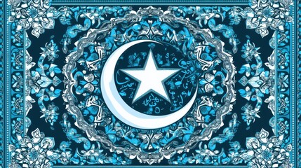Poster - Elegant Blue Islamic Pattern with Moon and Star Design Elements