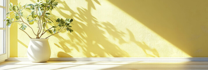 Poster - Pastel yellow wall with grunge texture and sunlight casting soft shadows on the floor