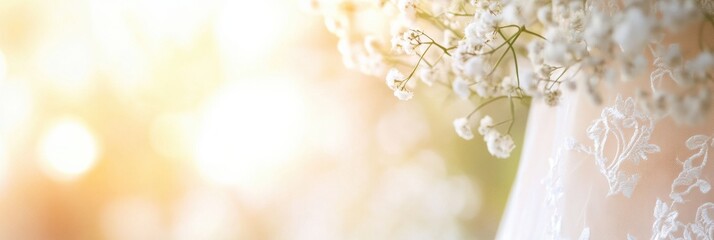 Poster - Close up of intricate lace details on a white wedding dress with a soft glow in the background. Generative AI