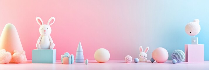 Aufkleber - Soft pastel toys arranged on a colorful backdrop for playful decor in a serene setting. Generative AI