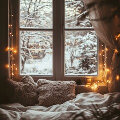 Aufkleber - Cozy winter scene with soft pillows and warm lights by a snowy window at dusk. Generative AI