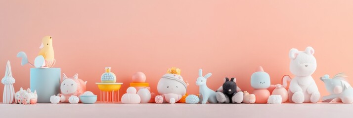 Poster - Cute pastel plush toys arranged creatively on a soft surface against a light peach background for aesthetic appeal. Generative AI