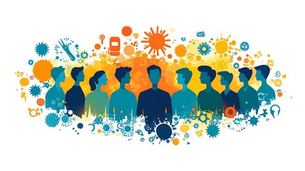 Aufkleber - Diverse group of people silhouetted against an abstract background of colorful shapes and symbols.