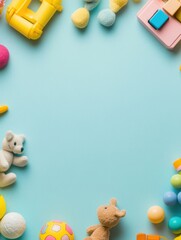 Aufkleber - Colorful collection of children toys arranged on a blue background for playful activities. Generative AI