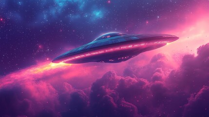 Poster - Alien spaceship encounter cosmic clouds digital art outer space aerial view extraterrestrial exploration