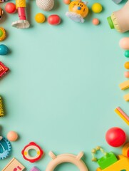 Aufkleber - Colorful arrangement of various childrens toys on a mint green surface for creative playtime activities. Generative AI