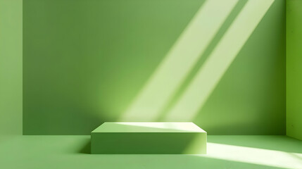 Poster - Minimalist green interior with light beams highlighting a central display platform