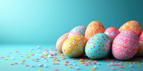 Wall Mural - Colorful decorated eggs arranged on a turquoise background with pastel confetti scattered around for a festive look during Easter celebration