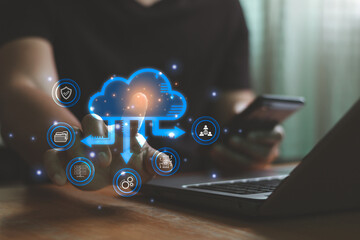Fototapete - Technology cloud data storage big data solution, connect application platform, information system security. Concept of business digital server, backup service on the internet network tech. cyberspace.