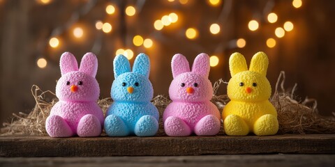 Wall Mural - Colorful bunny figures displayed on a wooden surface with sparkling string lights in the background during springtime celebration