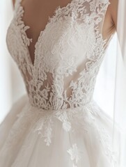 Poster - Elegant lace details on a white wedding dress showcasing intricate craftsmanship and a blank area for personalization. Generative AI