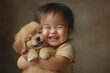 © connel_design - A joyful child hugs a fluffy puppy, both exuding happiness. Their radiant smiles create a heartwarming scene, showcasing pure affection in a soft, natural setting.