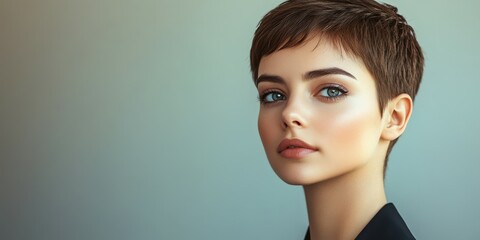 Wall Mural - Model with short hair posing in a stylish outfit against a neutral background in a contemporary setting
