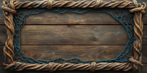 Wall Mural - Rustic wooden frame adorned with natural rope and netting for coastal decor