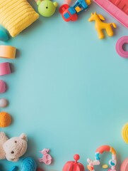 Aufkleber - Colorful assortment of childrens toys arranged on a bright blue background for creative playtime activities. Generative AI