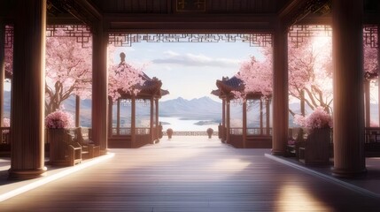 Wall Mural - Serene Asian Pavilion with Cherry Blossoms and Mountain View.