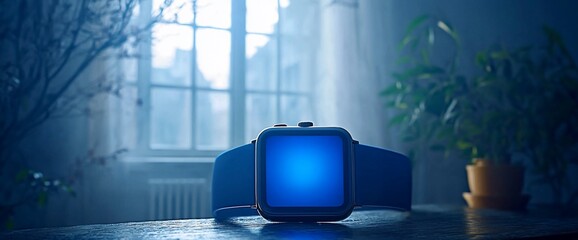 Poster - Smartwatch on table, blue screen, window view