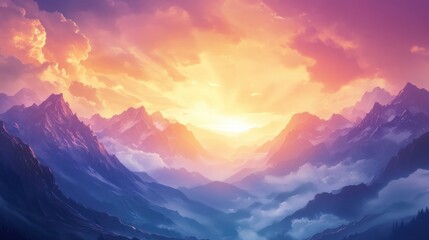 Aufkleber - Vibrant sunrise over majestic mountains with soft clouds and warm colors in the sky. Generative AI
