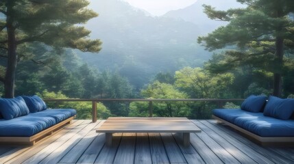 Wall Mural - Serene mountain view from wooden deck with blue couches.